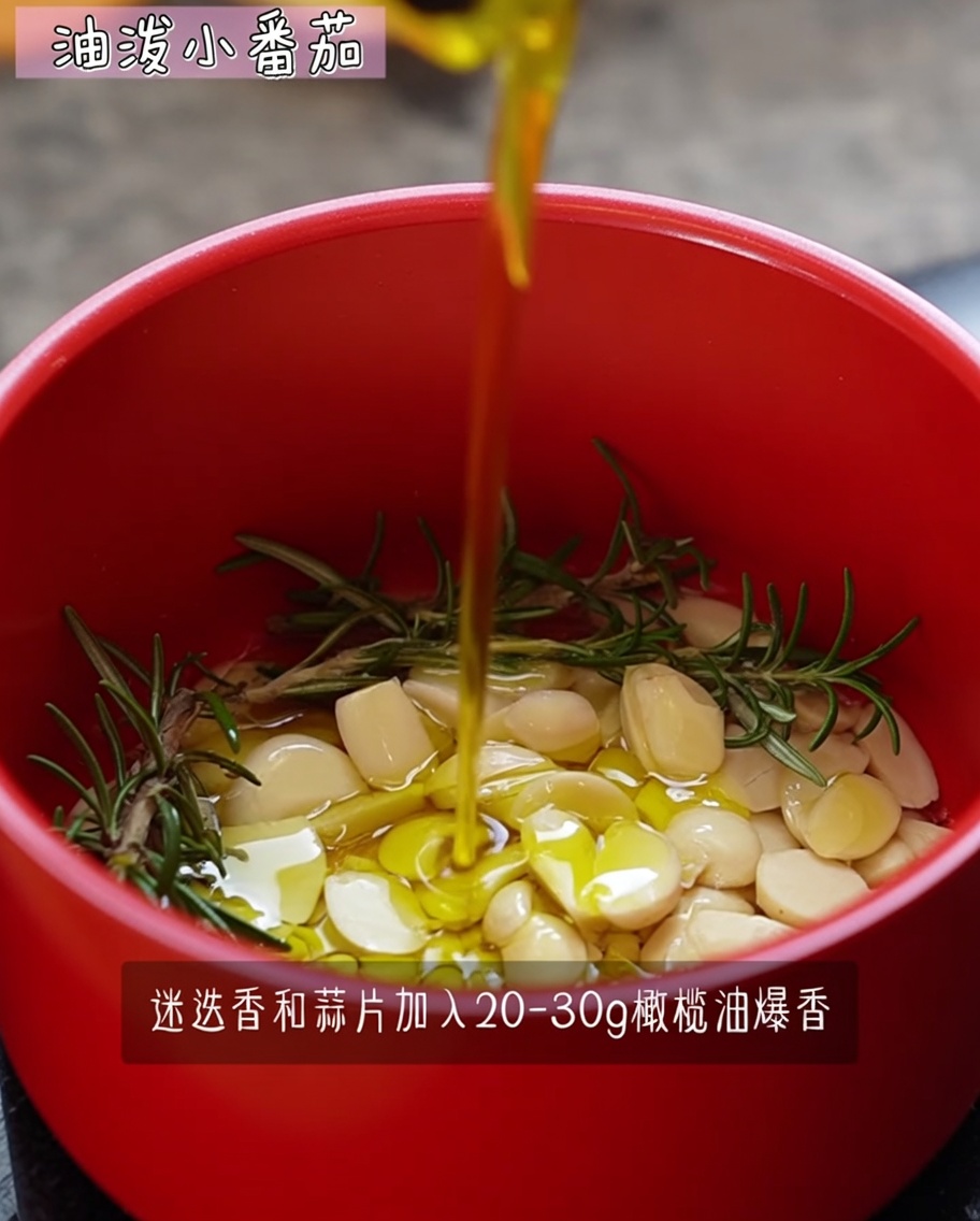 냄비에서 로즈마리, 마늘, 오일을 가열하는 모습