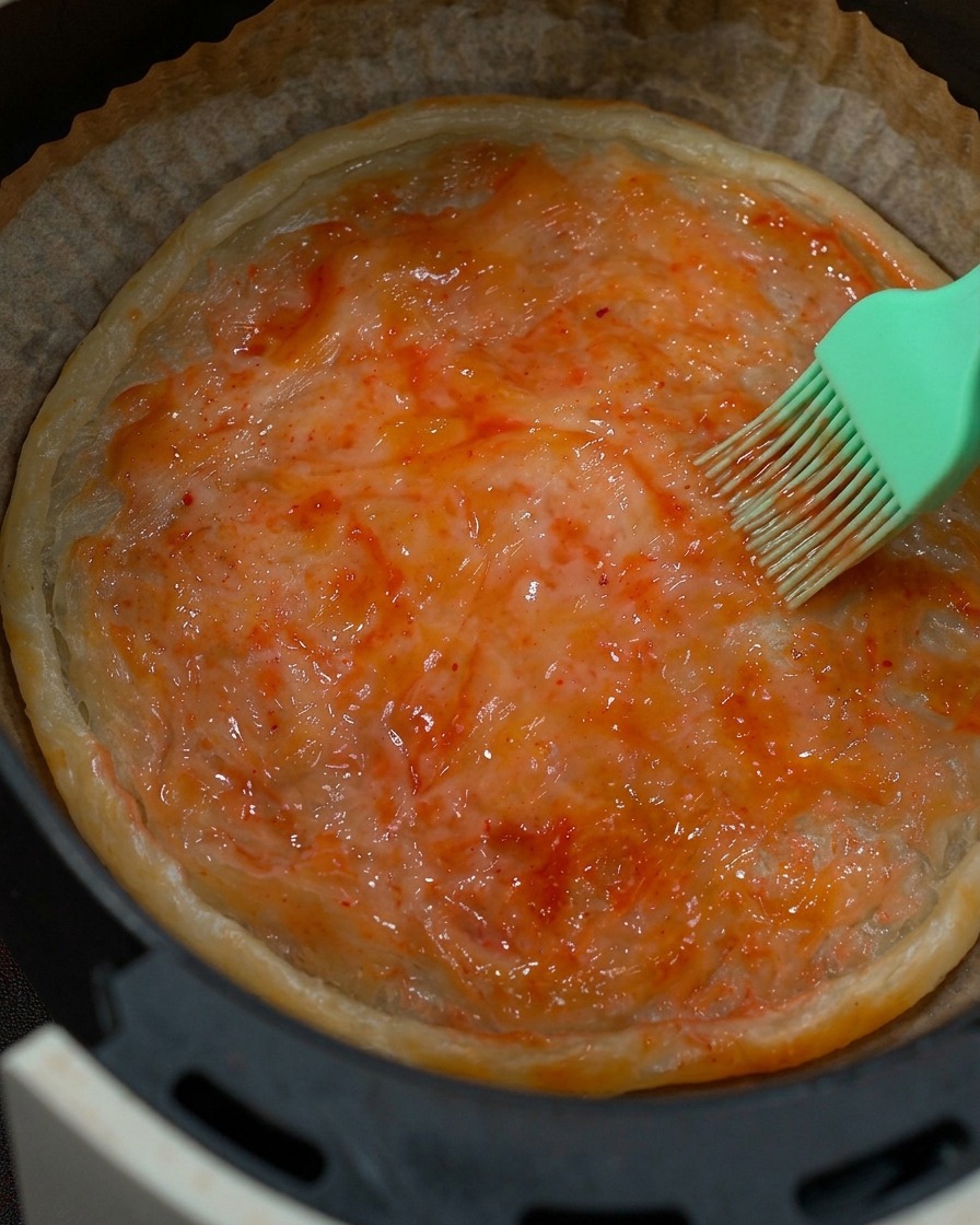 실리콘 붓으로 초벌구이 된 도우 위에 토마토소스를 펴 바르는 모습.