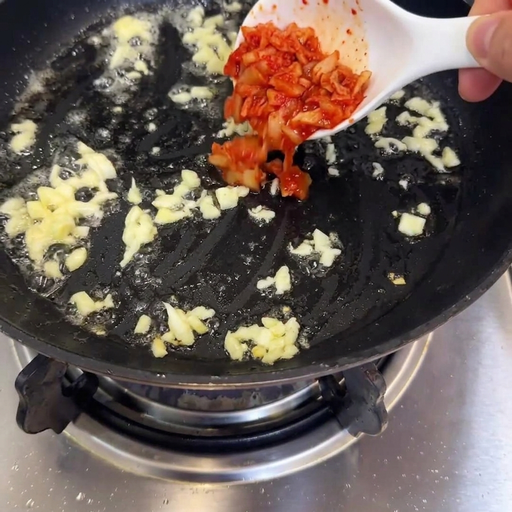황금빛으로 볶아진 마늘이 있는 팬에 김치를 넣는 모습.