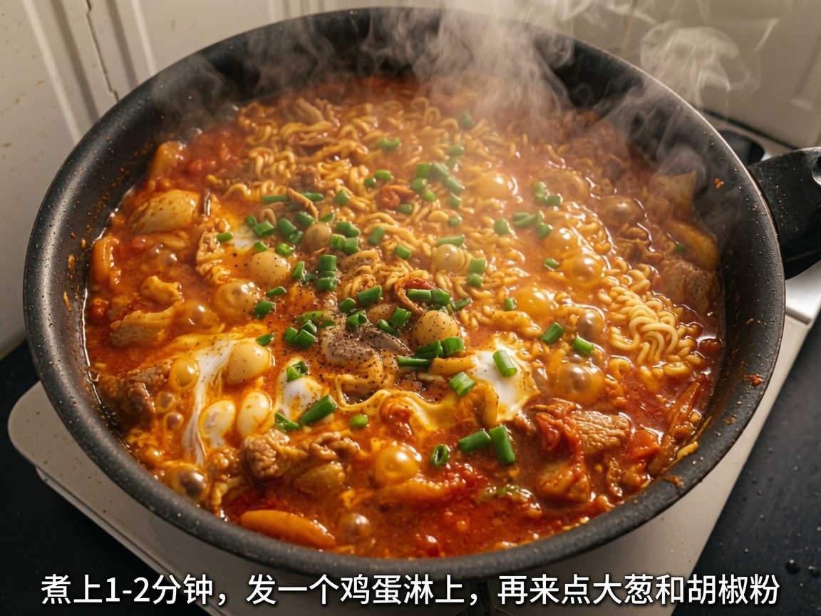 완성된 라면 위에 대파와 후추를 뿌린 모습.