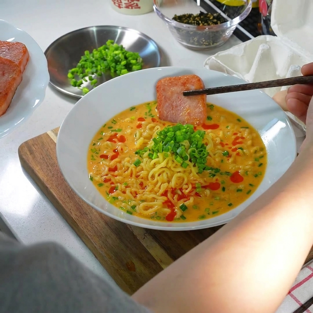 구운 스팸, 반숙 달걀, 다진 쪽파, 고추기름이 올라간 완성된 라면 한 그릇.
