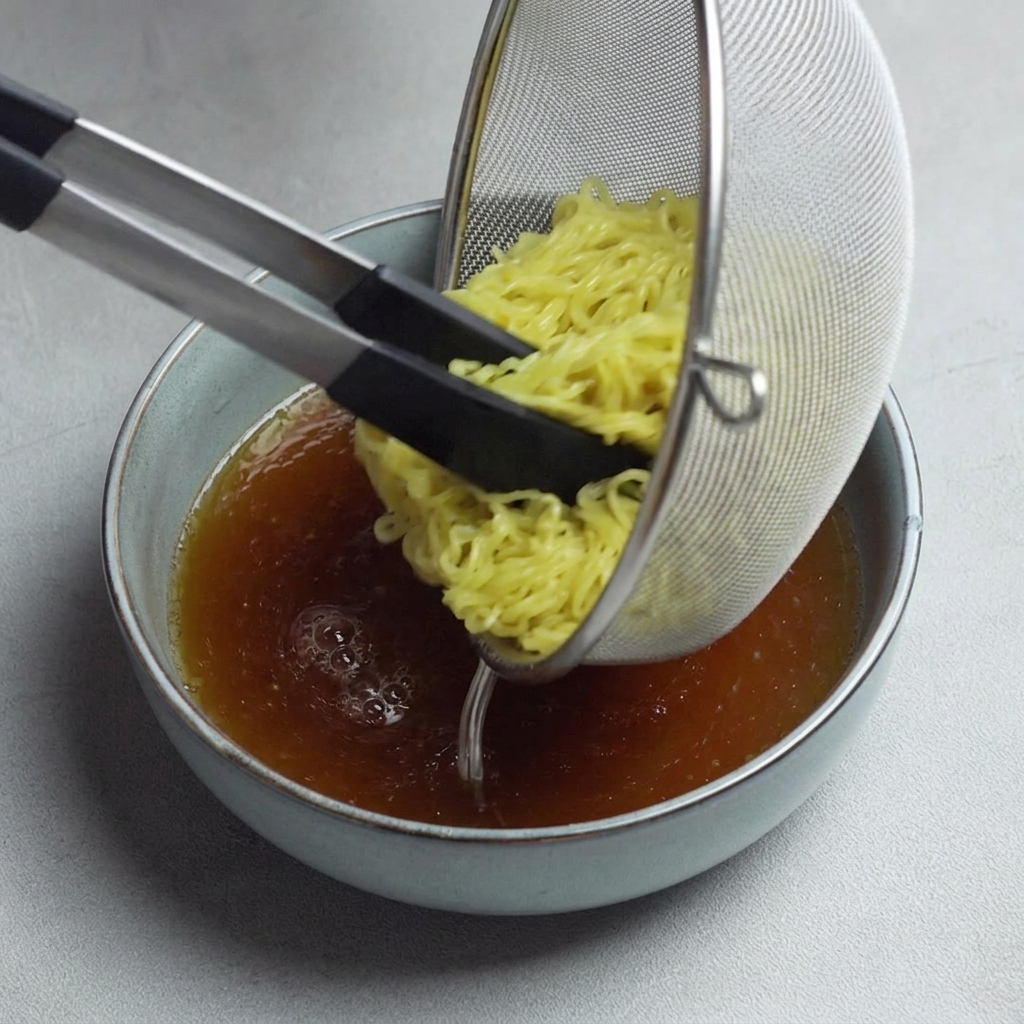 삶은 라멘 면을 간장 육수에 담그는 모습