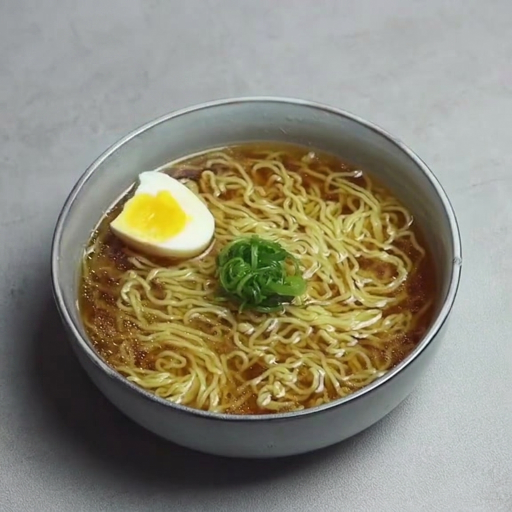 완성된 라멘 위에 반숙란과 대파를 올린 모습