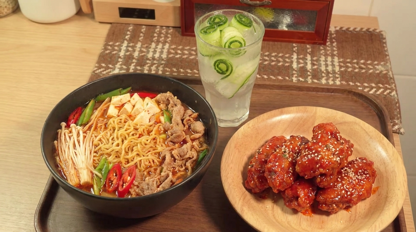 한국식 매운 소고기 라면과 프라이드치킨 잔치