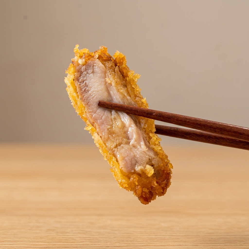 빵가루를 묻힌 닭고기를 달궈진 기름이 담긴 팬에 조심스럽게 넣는 모습.
