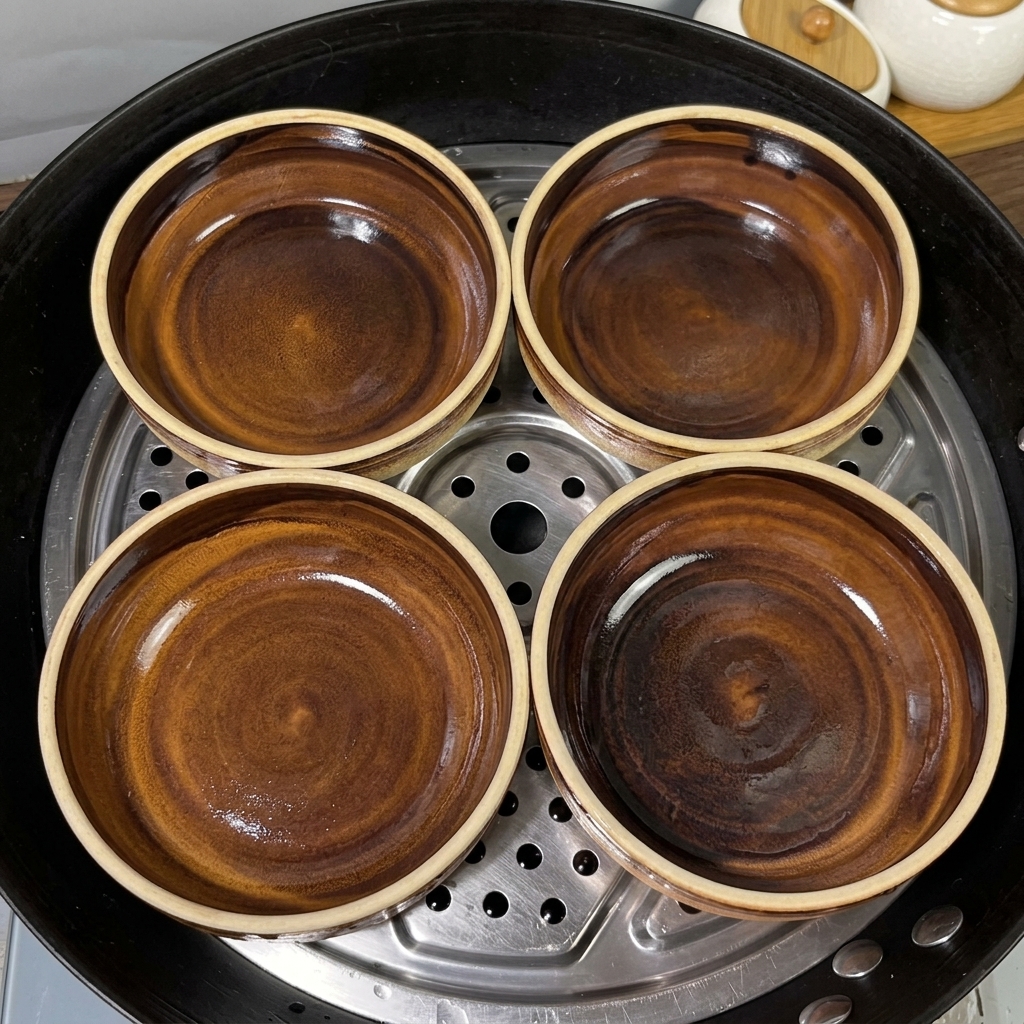 찜기 위에 놓인 빈 도자기 그릇 네 개.