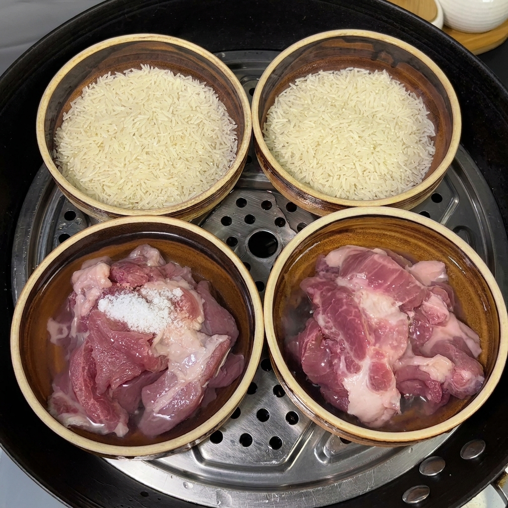 돼지고기, 쌀, 소금이 담긴 그릇에 물을 붓는 모습.