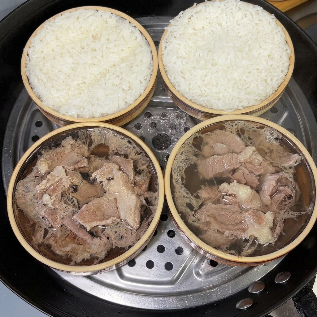 찜이 완성된 그릇 위에 흰 후추 가루를 뿌리는 모습.