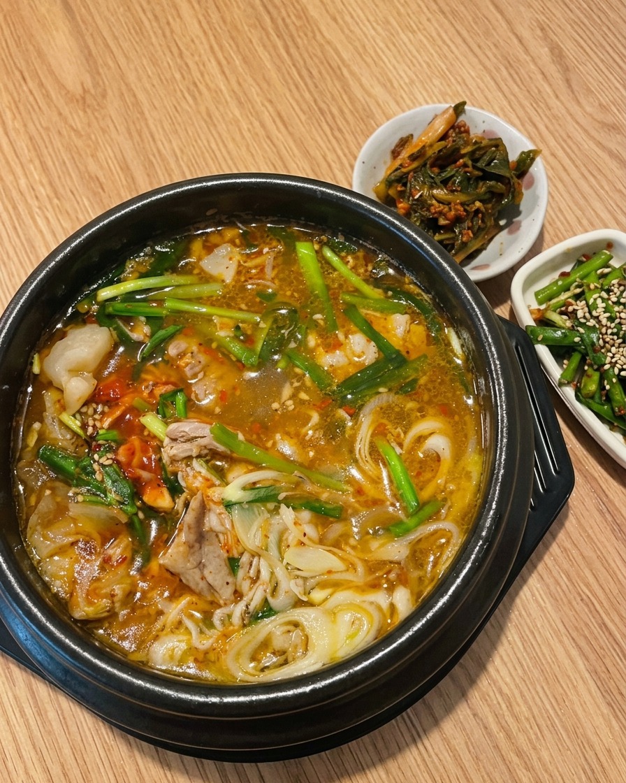 뜨거운 뚝배기 바닥에 날콩나물을 깔아두는 모습.