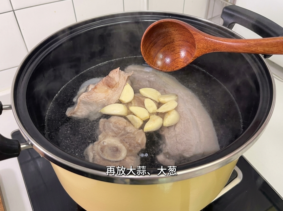 압력솥에 마늘, 양파, 향신료를 넣는 모습.