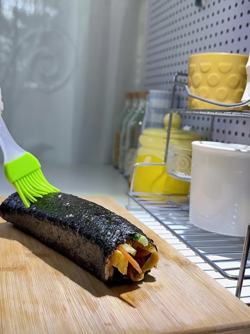 참기름을 바른 김밥 위에 깨를 솔솔 뿌리는 모습.