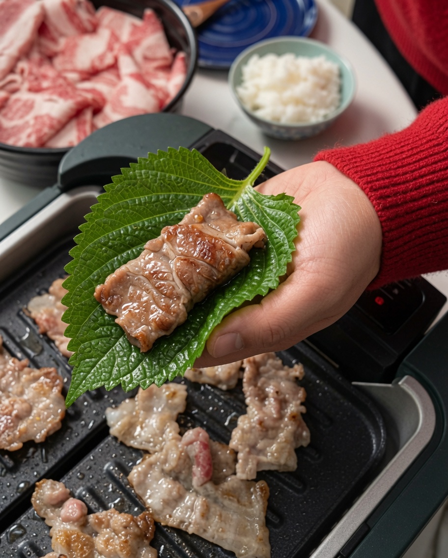 젓가락으로 노릇하게 구워진 삼겹살을 채소 위에 올리는 모습.