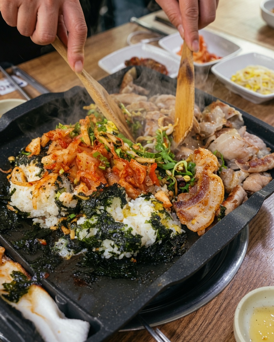 나무 주걱으로 철판 위 밥과 채소, 고기를 섞는 모습.