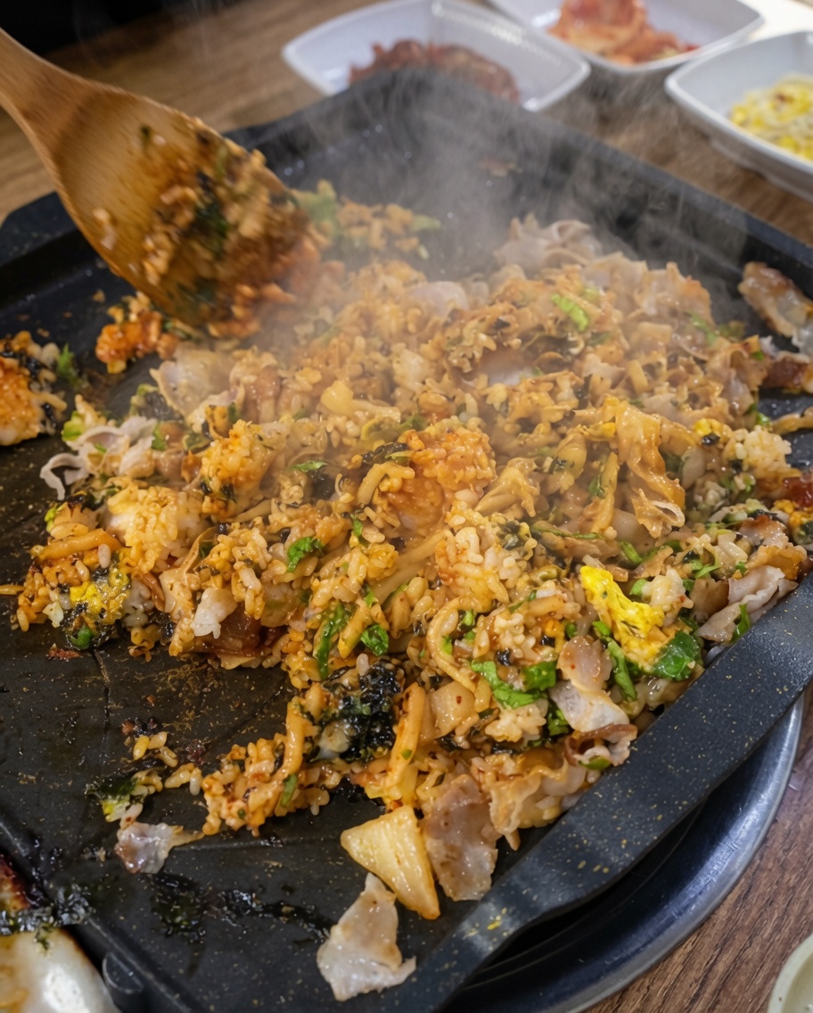 철판 위에 얇게 펼쳐진 볶음밥이 바삭하게 눌어가는 모습.