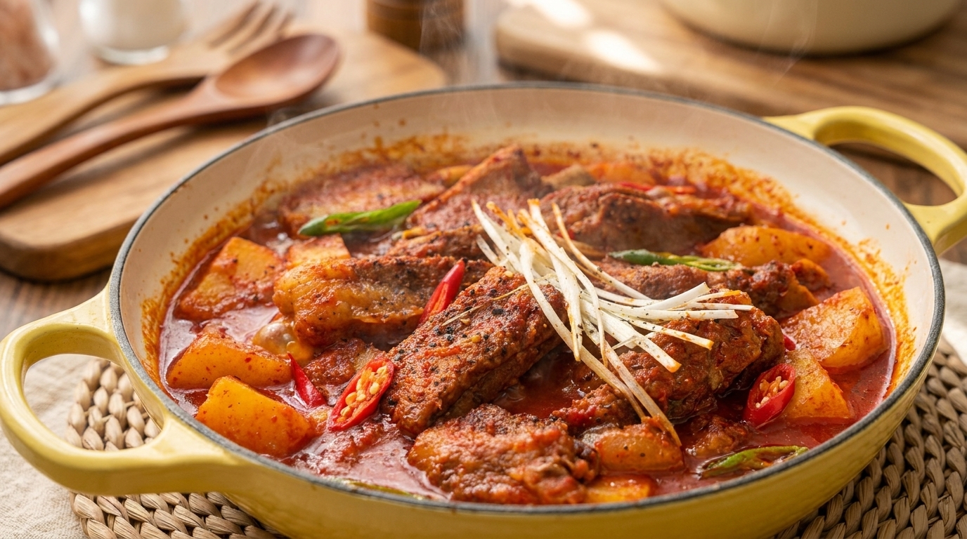 매콤한 돼지갈비찜 (Korean Spicy Stewed Pork Ribs)