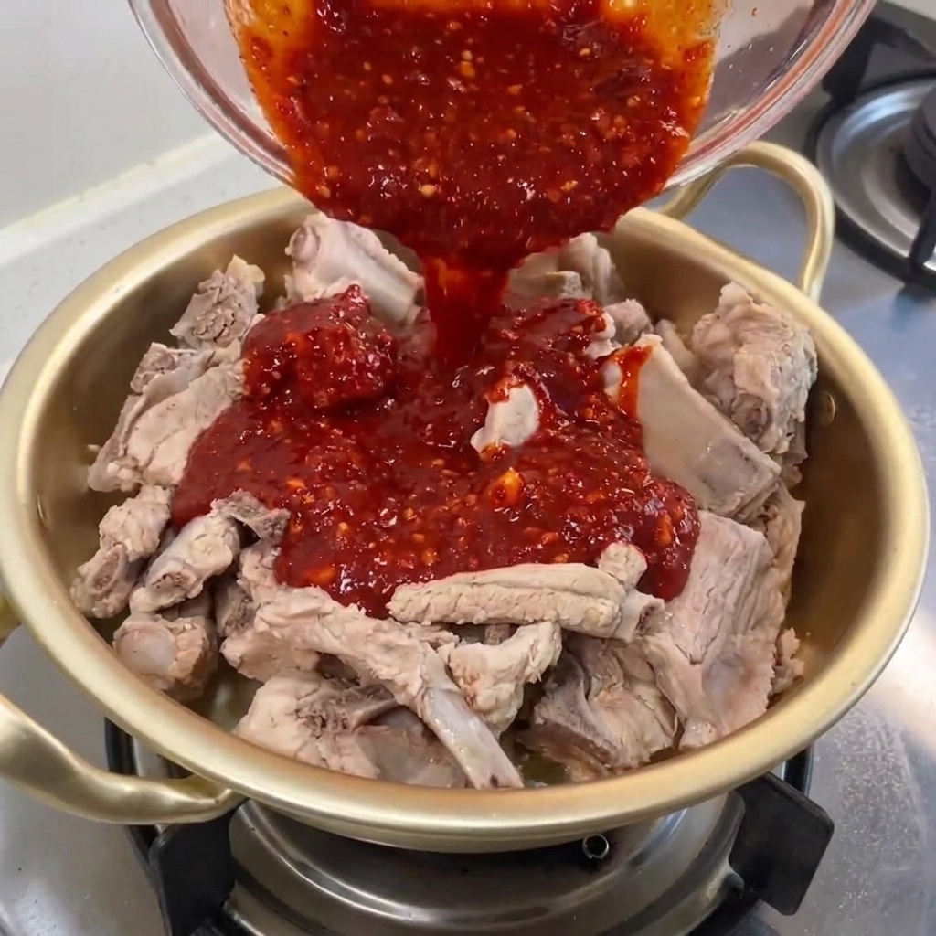 금속 냄비에 담긴 삶은 돼지갈비 위에 매콤한 빨간 양념장이 부어지는 모습.
