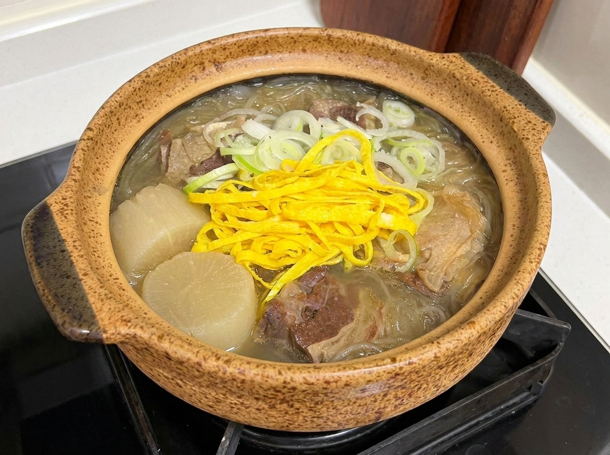 완성된 갈비탕 위에 소금과 후추를 살짝 뿌리는 모습.