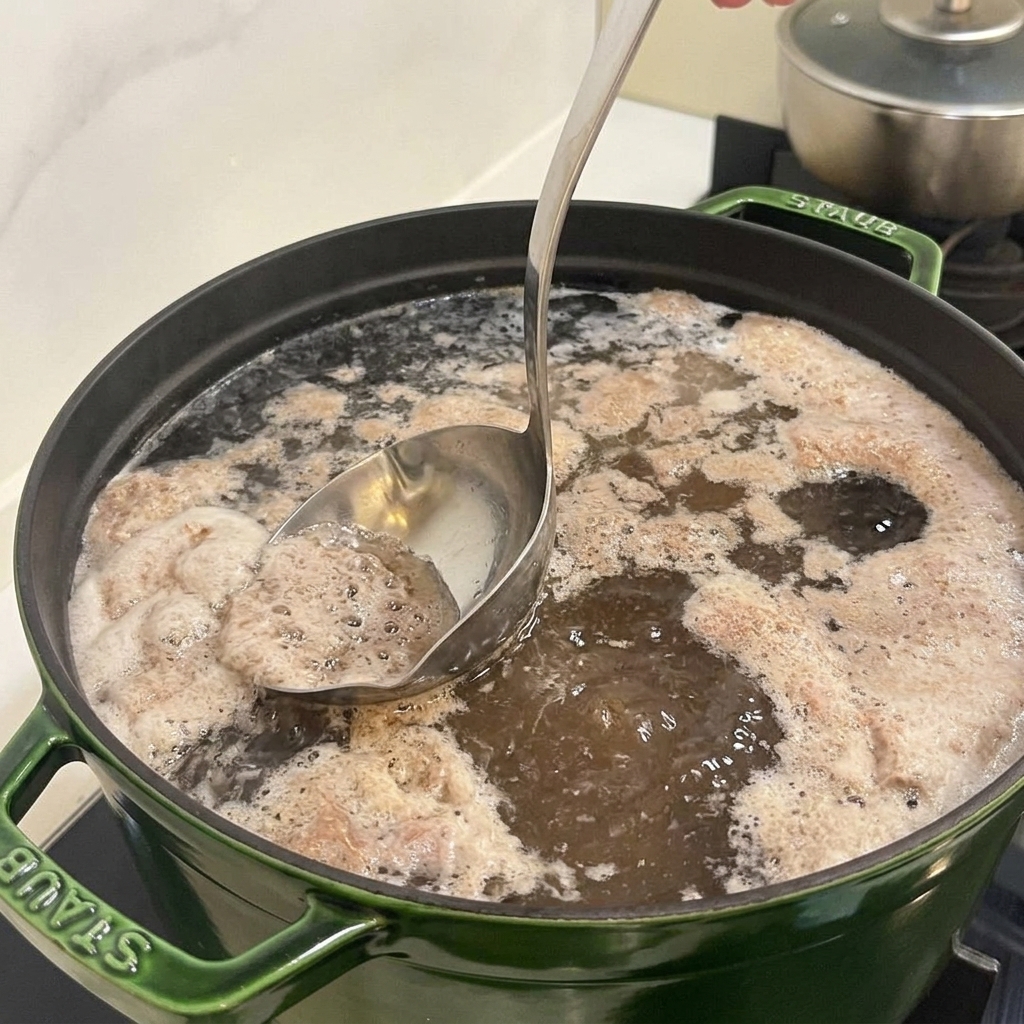 커다란 초록색 냄비에서 끓는 소고기 육수 표면의 하얀 거품을 국자로 건져내고 있는 모습.