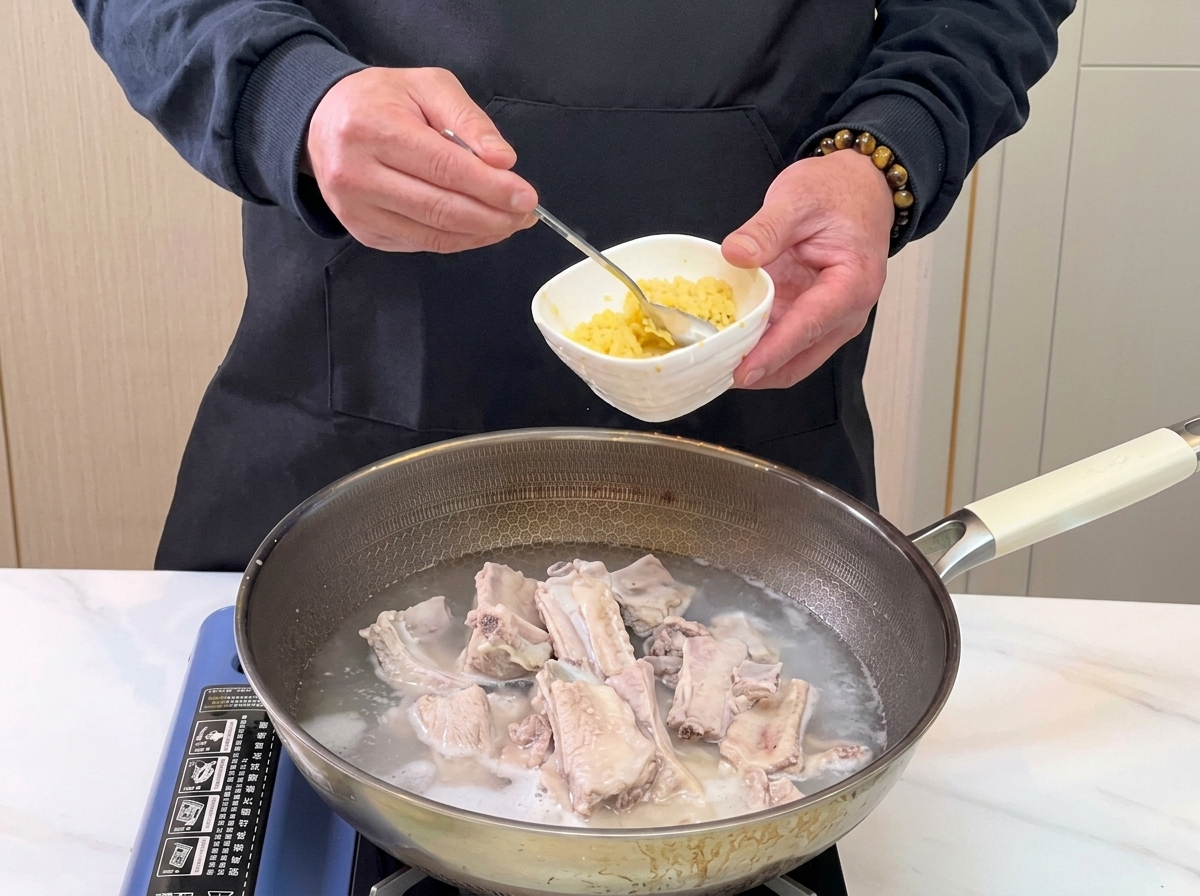 냄비에 데친 갈비와 양념 재료들을 넣는 모습.