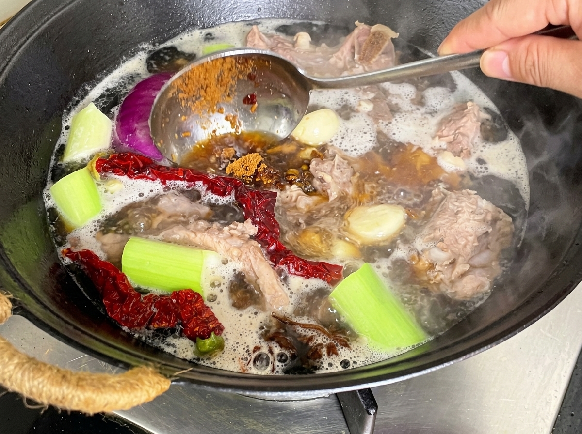 끓고 있는 돼지고기 냄비에 된장을 넣는 모습.