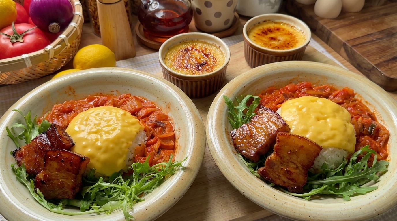 한국식 매콤 크림 삼겹살 덮밥과 카라멜 크렘 브륄레
