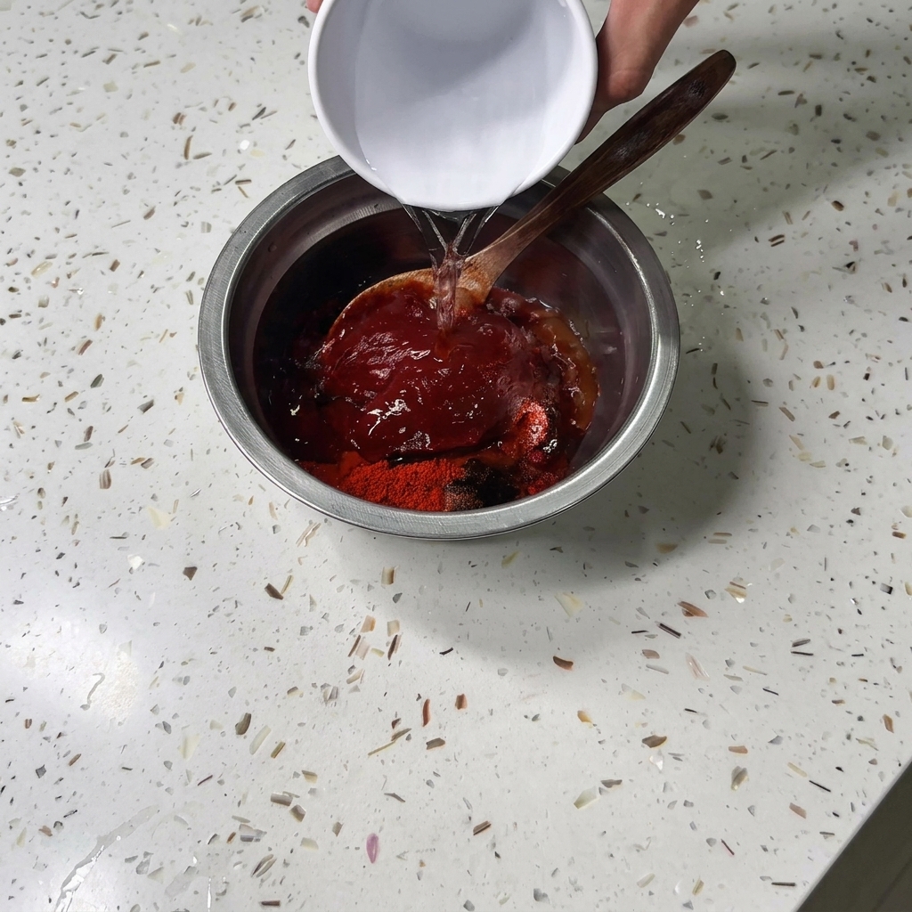 작은 흰색 그릇에 담긴 물이 향신료와 양념 페이스트가 가득한 금속 볼로 부어지는 모습.