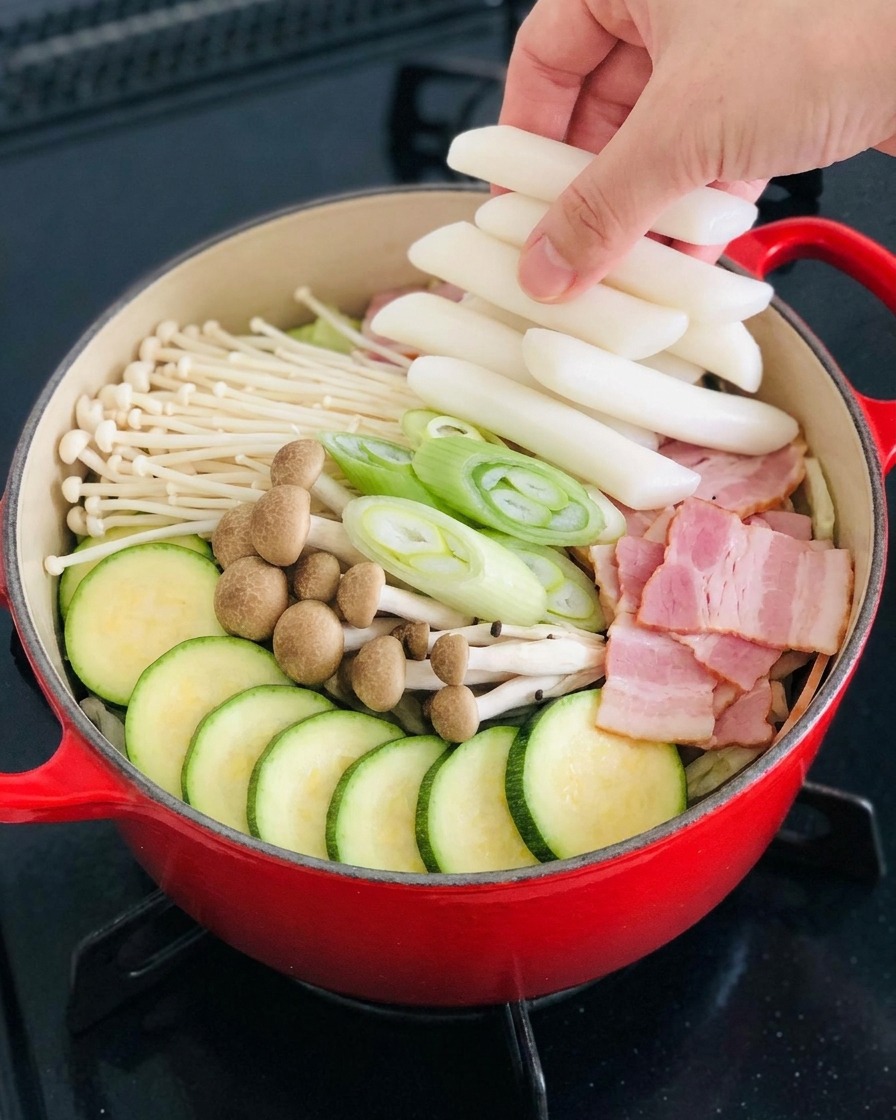 빨간 냄비 안의 재료 사이로 하얀색 원통형 떡국떡을 손으로 넣고 있는 모습.