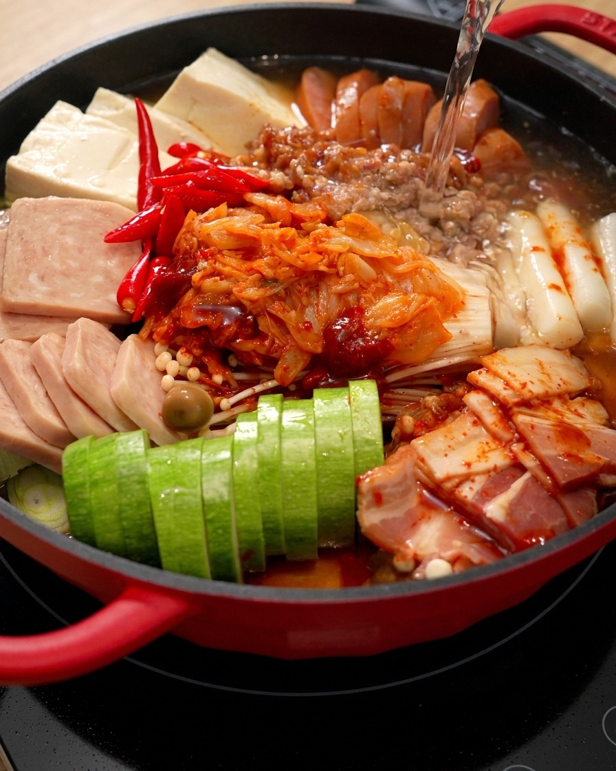 김치, 런천미트, 애호박 등 깔끔하게 정돈된 재료가 담긴 빨간 냄비에 물을 붓고 있는 모습.