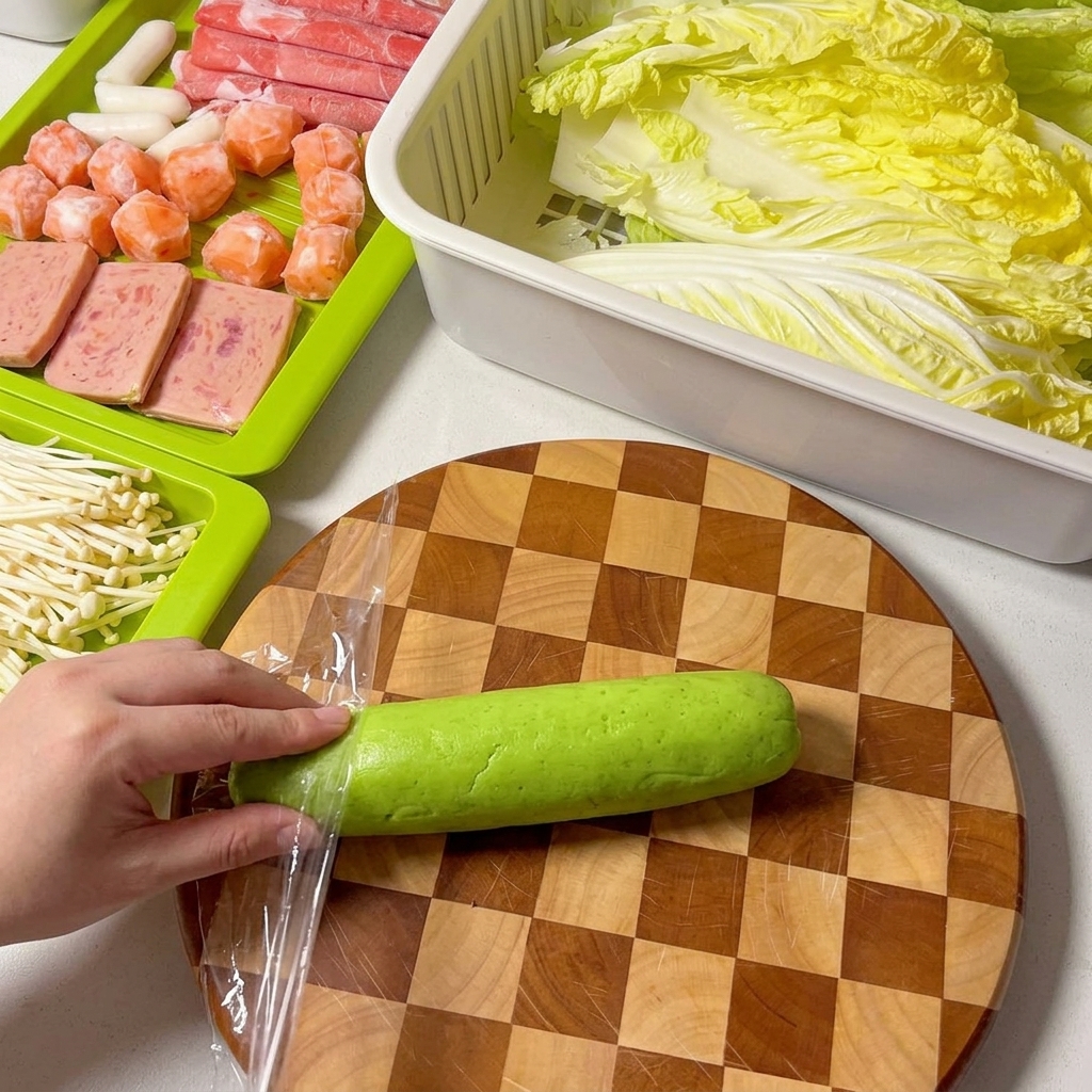 나무 도마 위에서 애호박을 한 입 크기로 썰고 있는 모습.