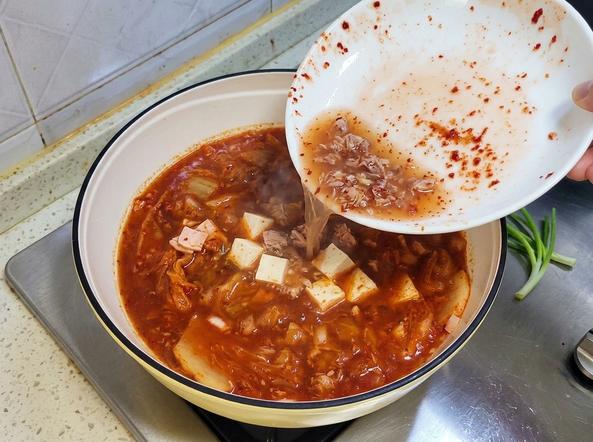 끓고 있는 찌개 냄비에 물과 남은 양념 국물을 흰 그릇에서 붓는 모습.