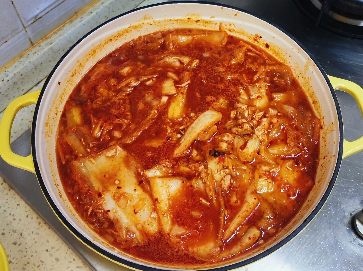 빨갛게 끓고 있는 김치찌개가 담긴 노란 손잡이 냄비 위로 뚜껑이 덮여 있는 모습.