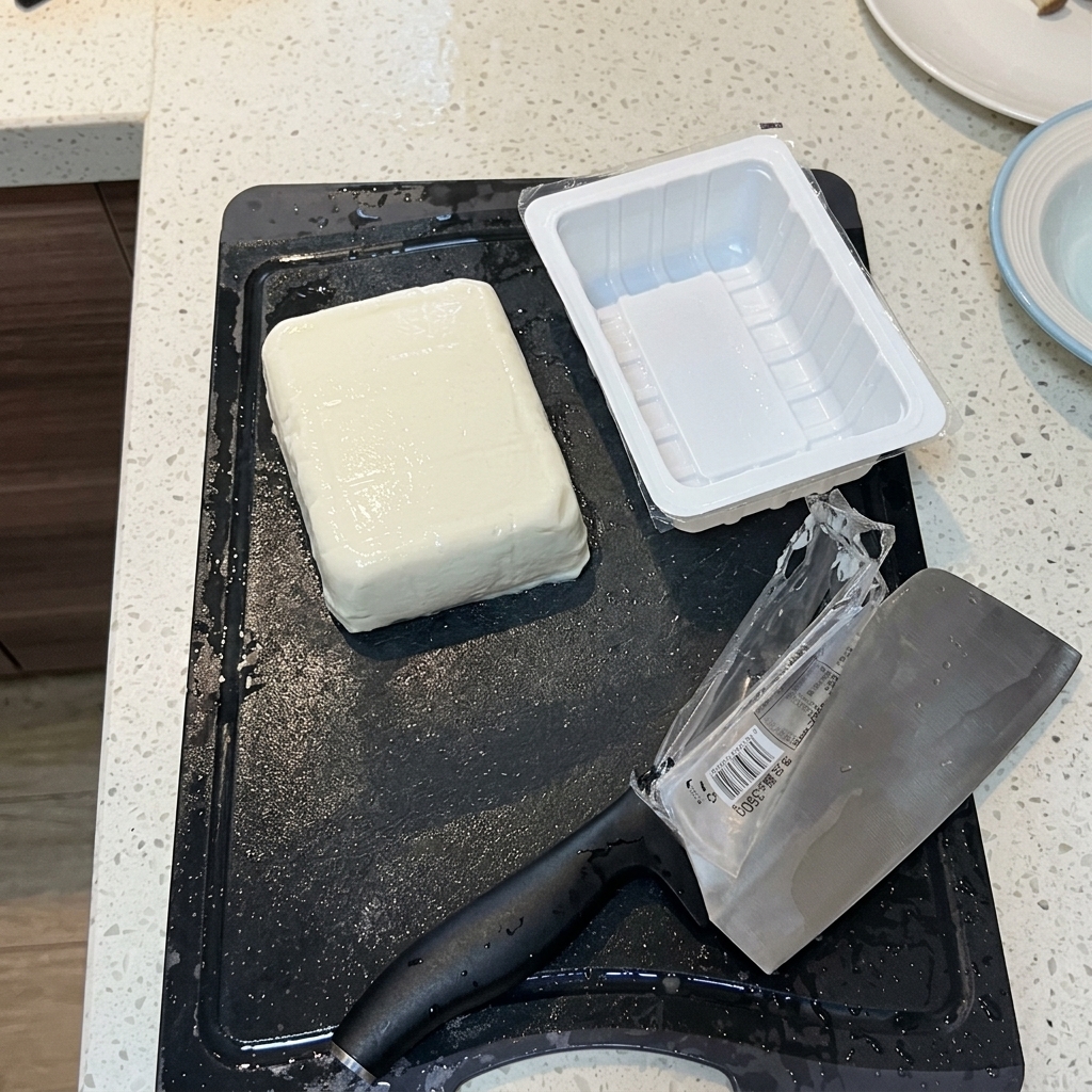 검은 도마 위에서 연두부 한 모를 칼로 조심스럽게 자르는 모습.