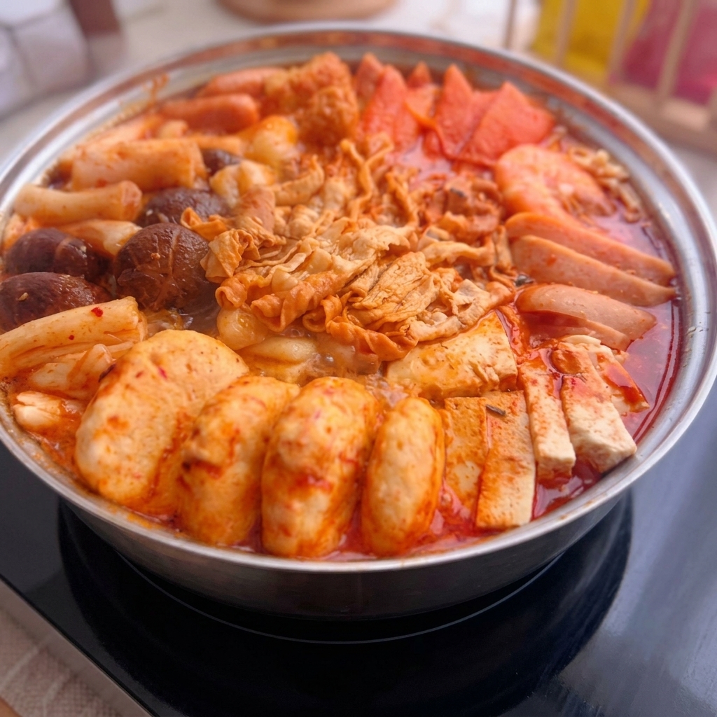 보글보글 끓는 찌개 한가운데에 라면 사리와 날계란을 올리는 모습.