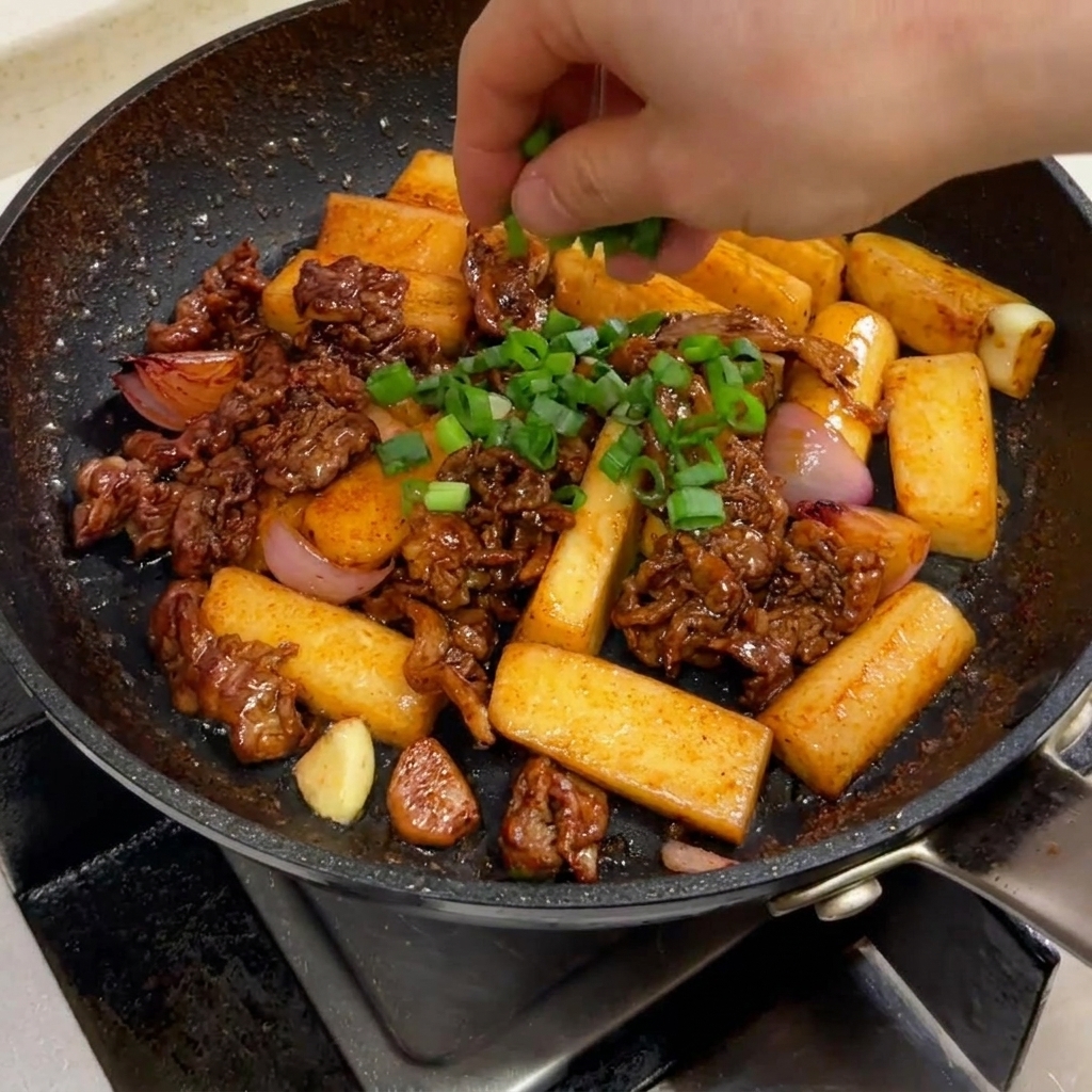 지글지글 끓는 소고기 떡볶이 볶음 위로 다진 대파를 손으로 솔솔 뿌려주는 모습.