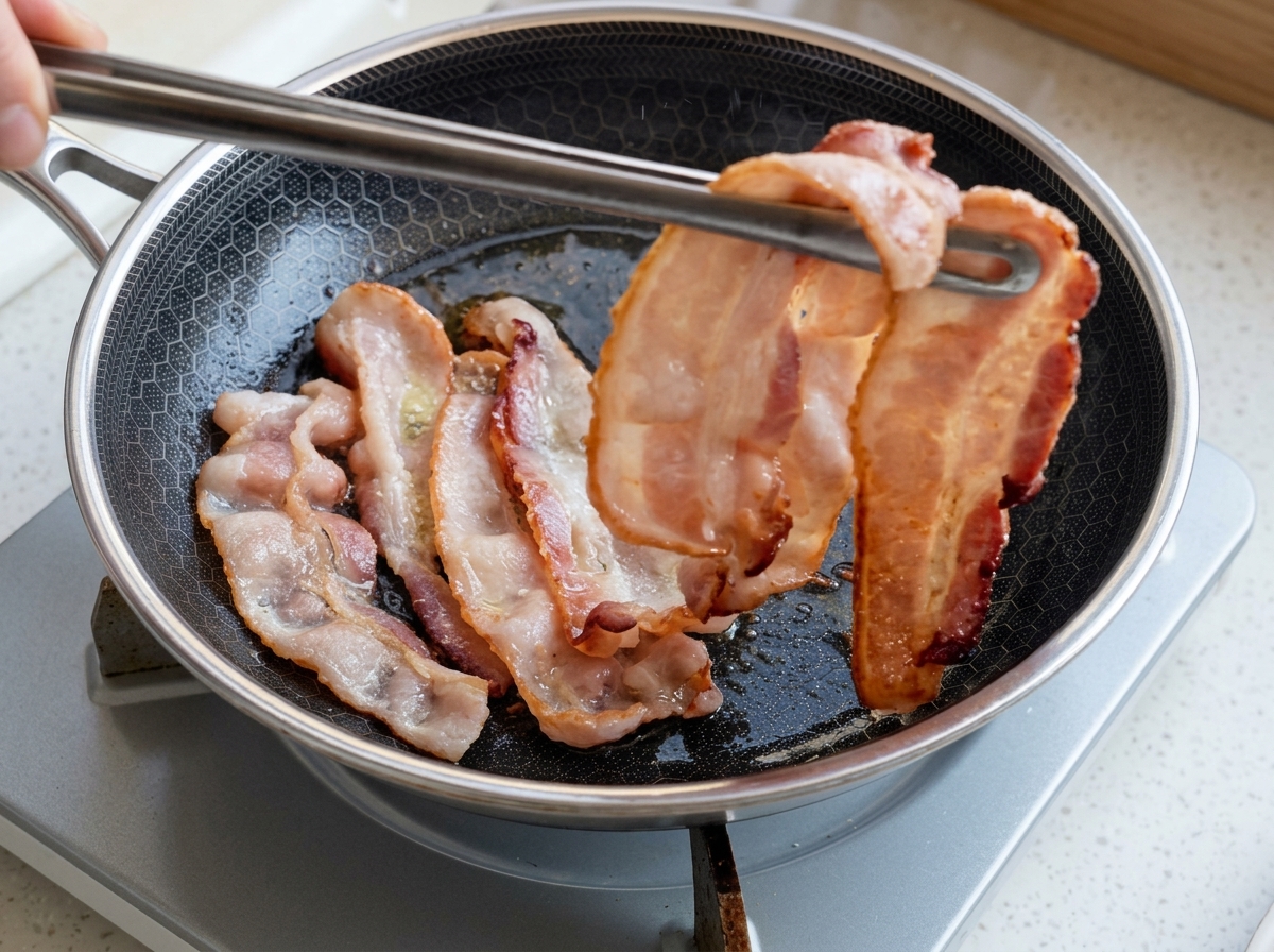 더 많은 베이컨이 담긴 뜨거운 프라이팬에서 집게로 노릇하고 바삭하게 구워진 베이컨 한 조각을 들어 올리는 모습.