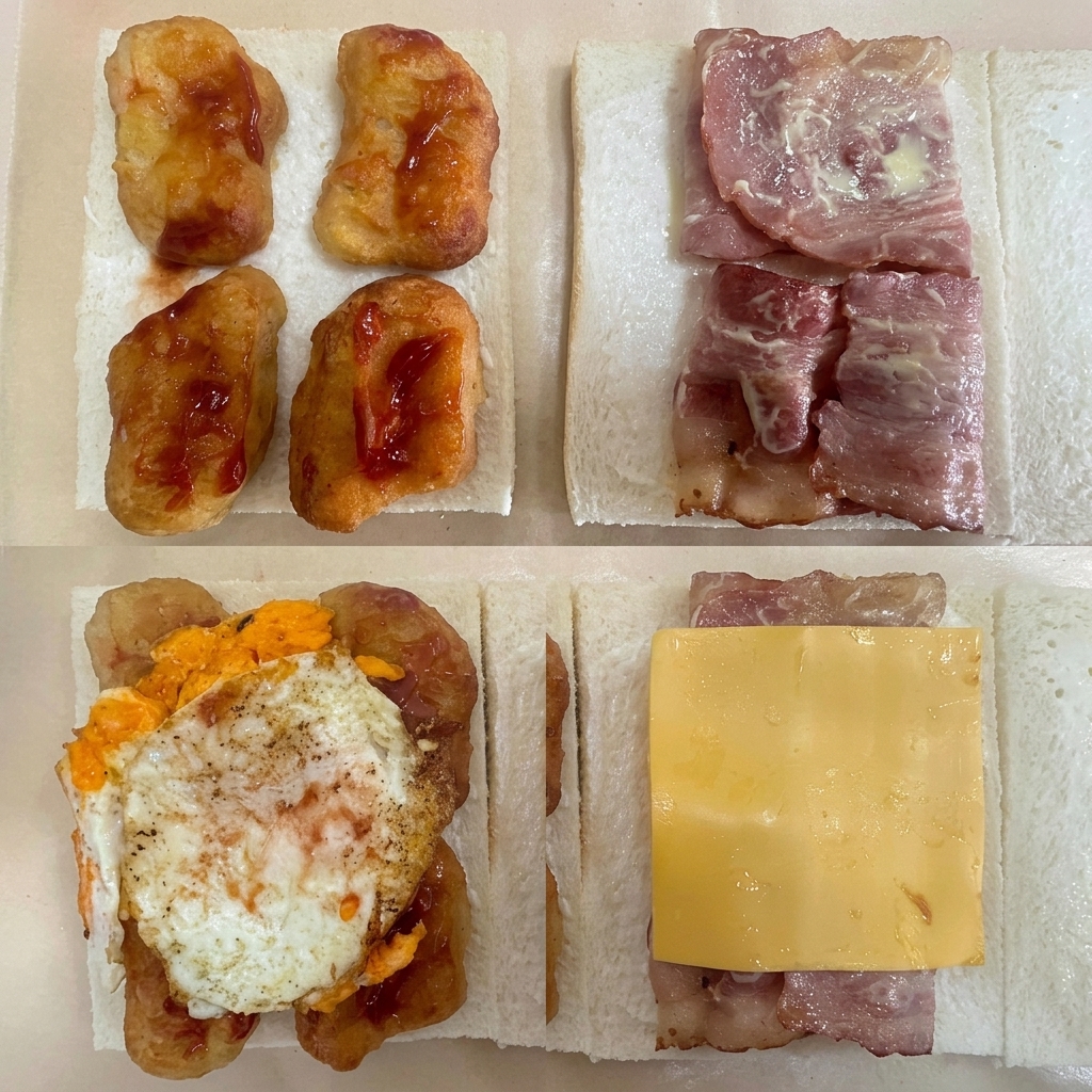 조립 과정을 보여주는 종합 이미지: 케첩을 곁들인 치킨너겟, 허니 머스터드를 뿌린 베이컨, 너겟 위에 올려진 달걀후라이, 베이컨 위에 올려진 노란 치즈 슬라이스.