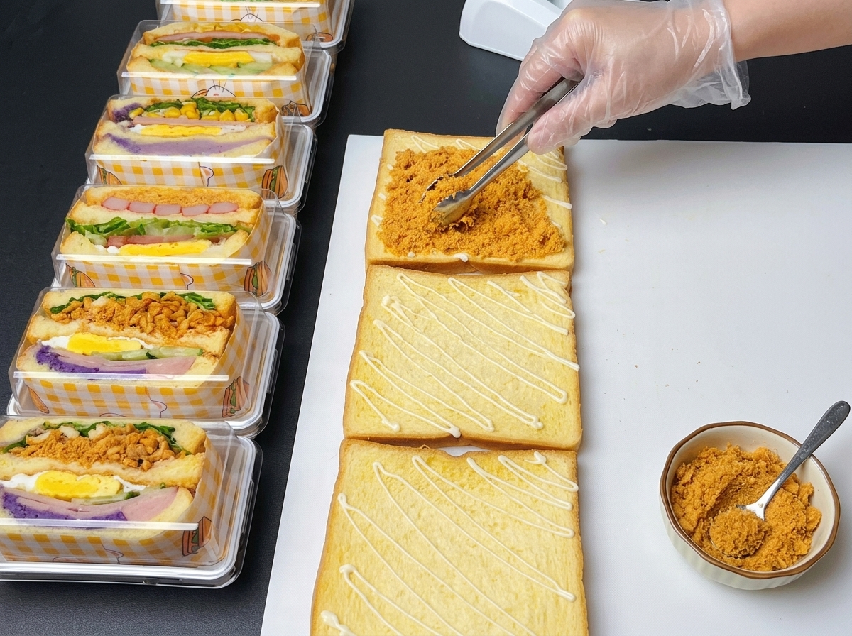 작은 집게를 사용하여 식빵 위에 황금빛 치킨 플로스를 골고루 올리는 모습.