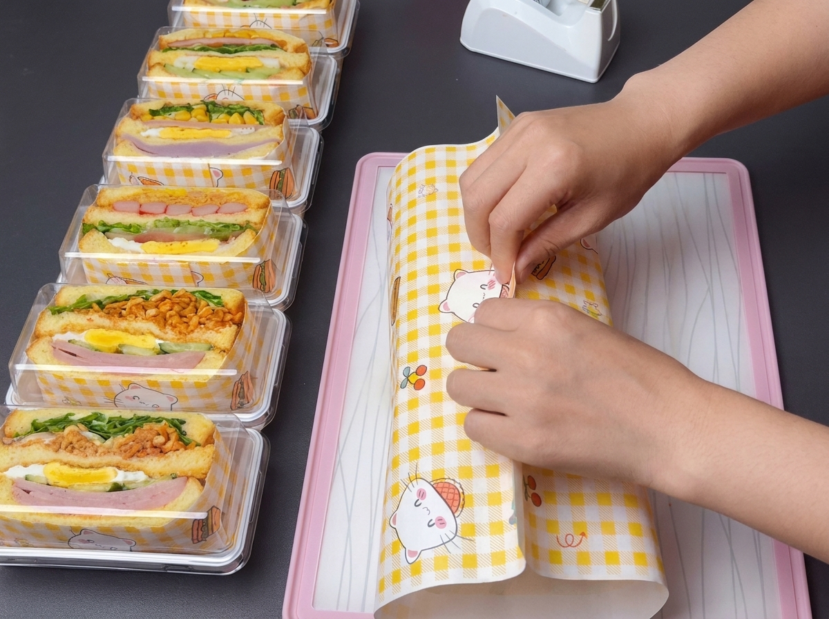 완성된 샌드위치를 노란색과 흰색 패턴의 유산지로 단단히 감싸고 있는 모습.