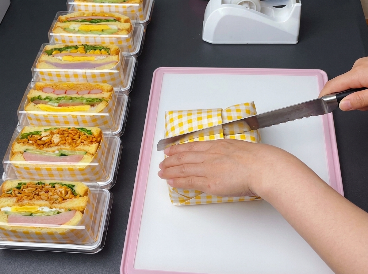 분홍색 도마 위에서 톱니 모양의 빵 칼로 포장된 샌드위치의 가운데를 가르는 모습.
