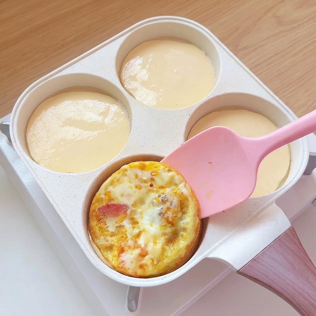 팬 칸에 부어진 액체 반죽 위에 미리 익혀둔 계란 패티가 올려지는 모습.