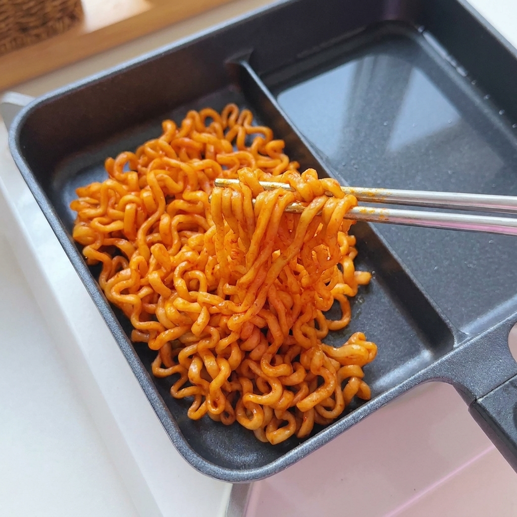 검은색 분할 팬 안에서 젓가락이 선명한 붉은색의 불닭볶음면을 들어 올리고 있는 모습.