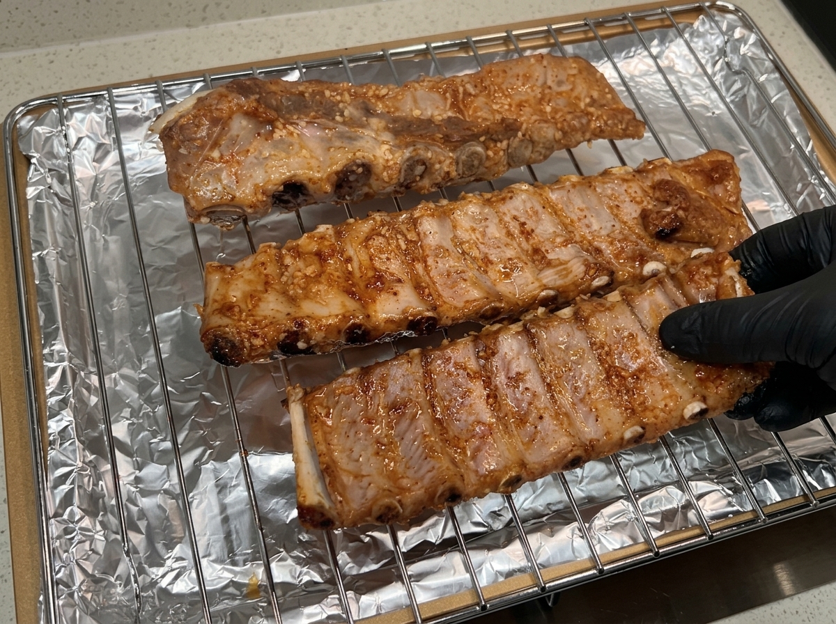 장갑 낀 손으로 반쯤 구워진 돼지갈비 세 조각을 알루미늄 호일에서 철사 식힘망 위로 옮기는 모습.