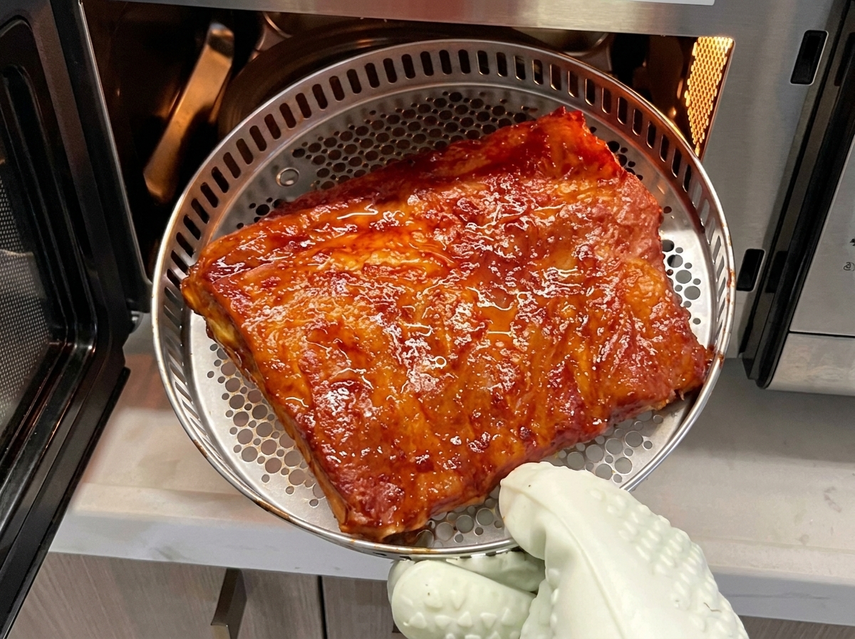 오븐 안에서 주방 집게를 사용해 베이킹 바스켓 안의 돼지갈비를 뒤집는 모습.