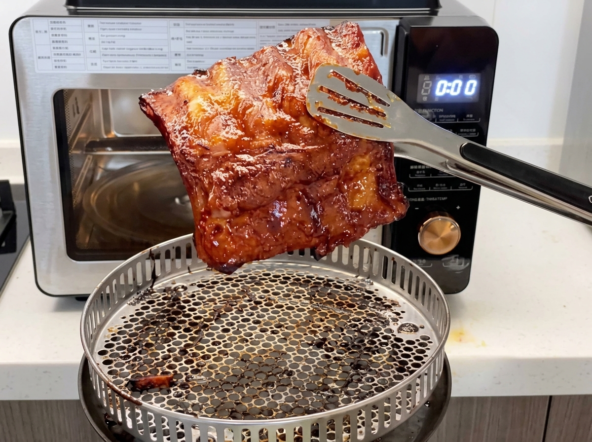 주방 집게로 둥근 금속 베이킹 바스켓 위에서 갓 구워낸 윤기 나는 차슈 돼지갈비 한 조각을 들어 올리는 모습.