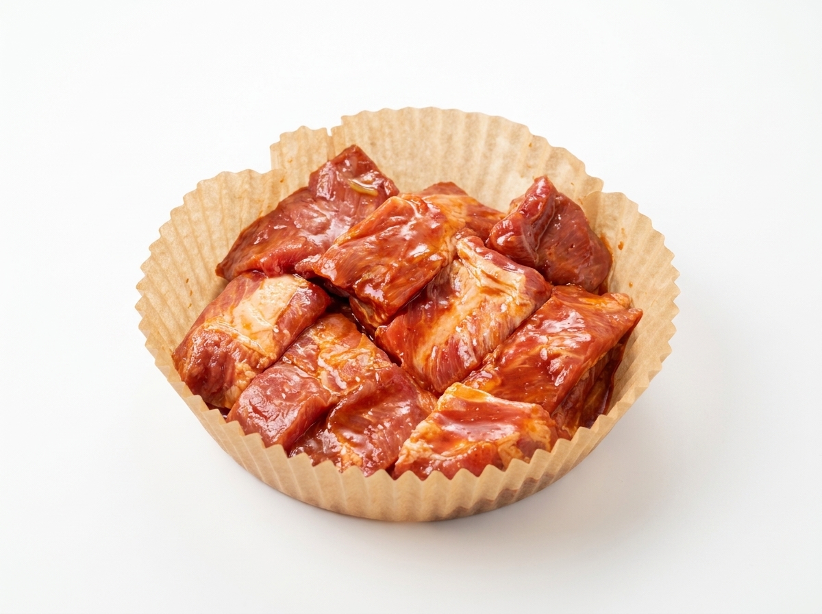 갈색 종이호일이 깔린 에어프라이어 바스켓에 마리네이드된 돼지갈비가 가지런히 놓여 있는 모습.