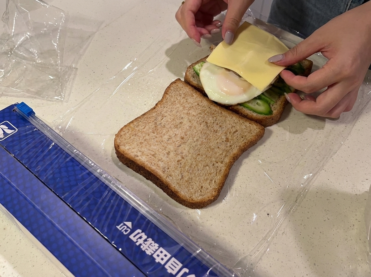 샌드위치의 치즈 층 위에 신선하게 썬 토마토가 깔끔하게 정렬되어 있는 모습.