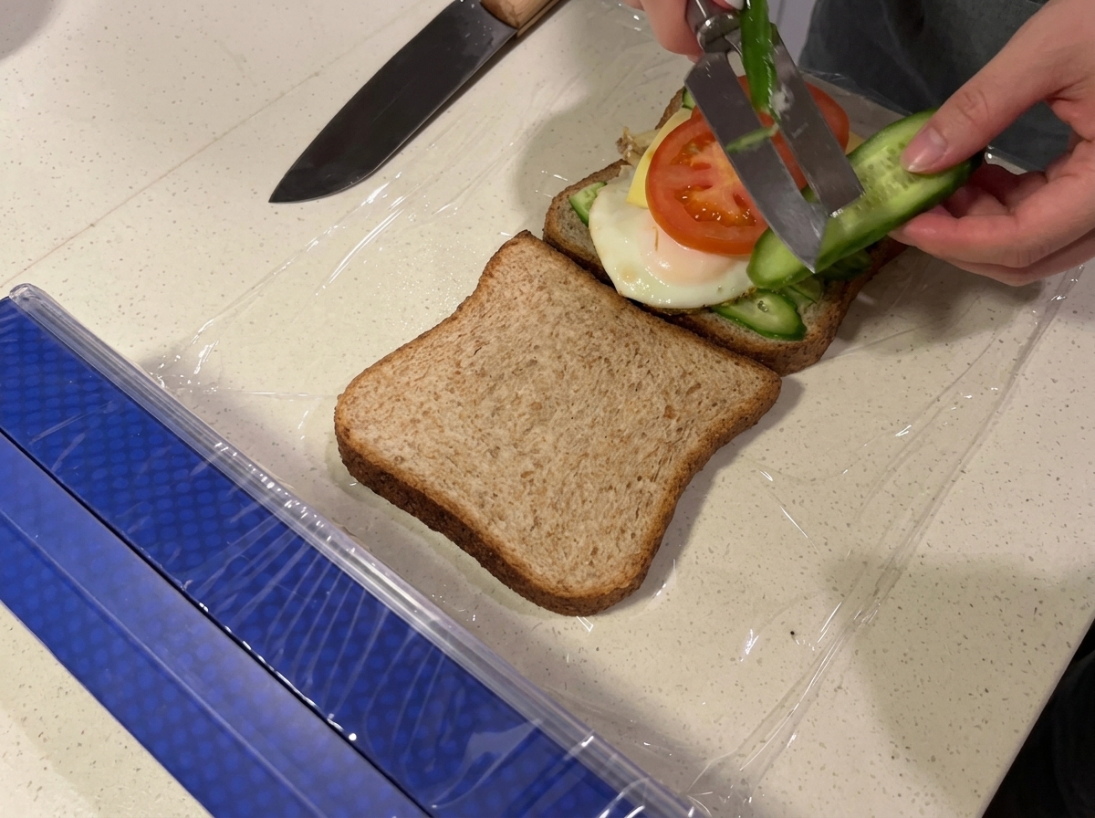 샌드위치의 토마토 층 위에 휴대용 도구로 신선한 오이 조각을 썰어 올리는 모습.