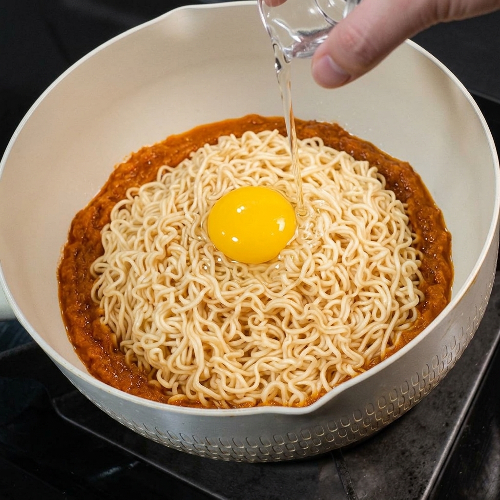 팬 안의 수북한 면발 위에 날달걀을 직접 깨서 올리는 모습.
