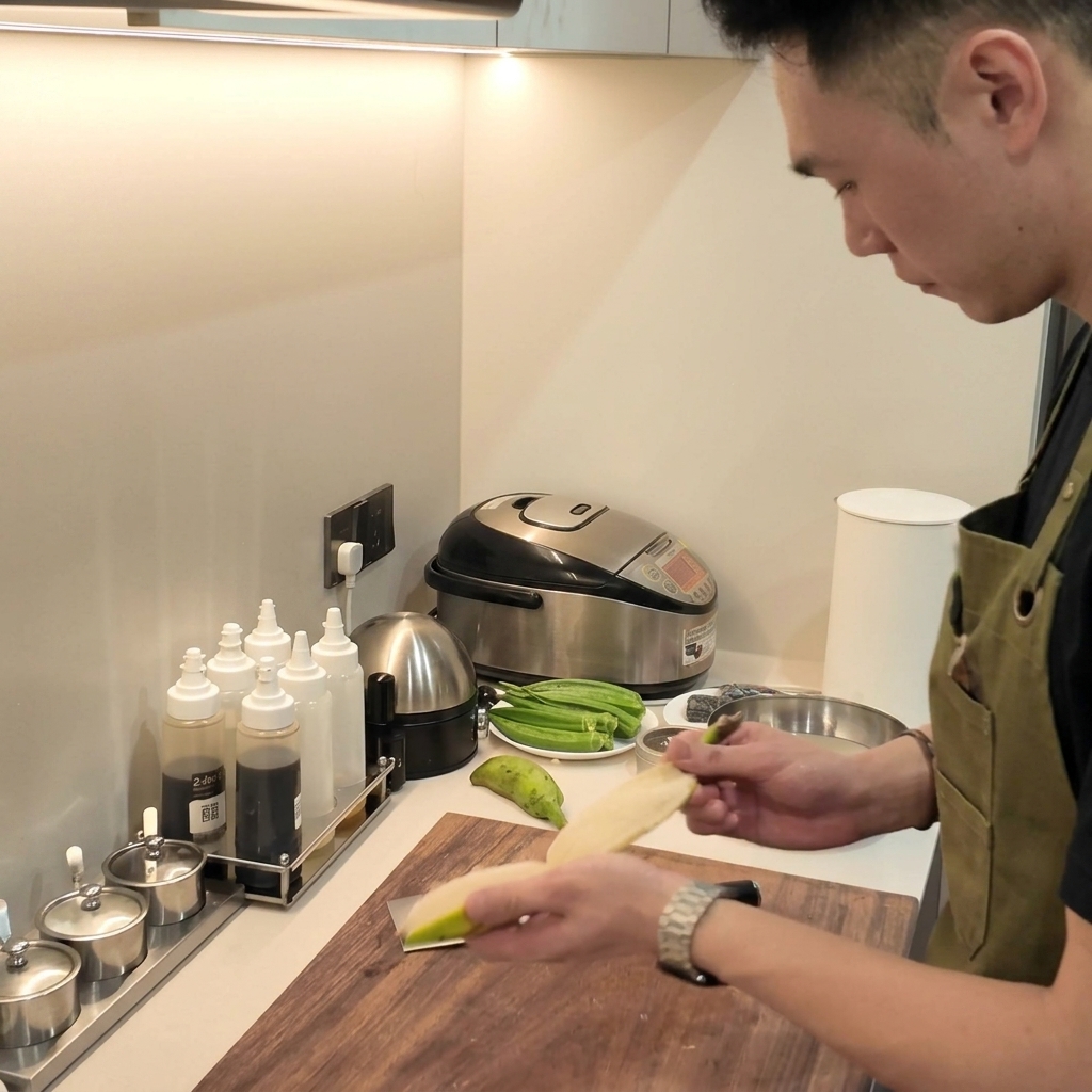 도마 위에서 껍질을 벗긴 생플랜테인을 두툼한 조각으로 썰고 있는 두 손.