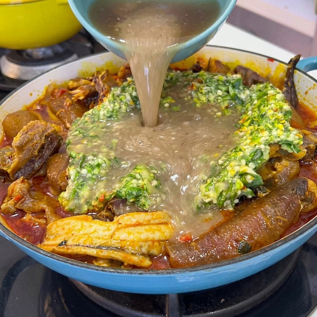 진한 갈색 사골 육수를 오크라와 고기가 든 큰 냄비에 붓는 모습.